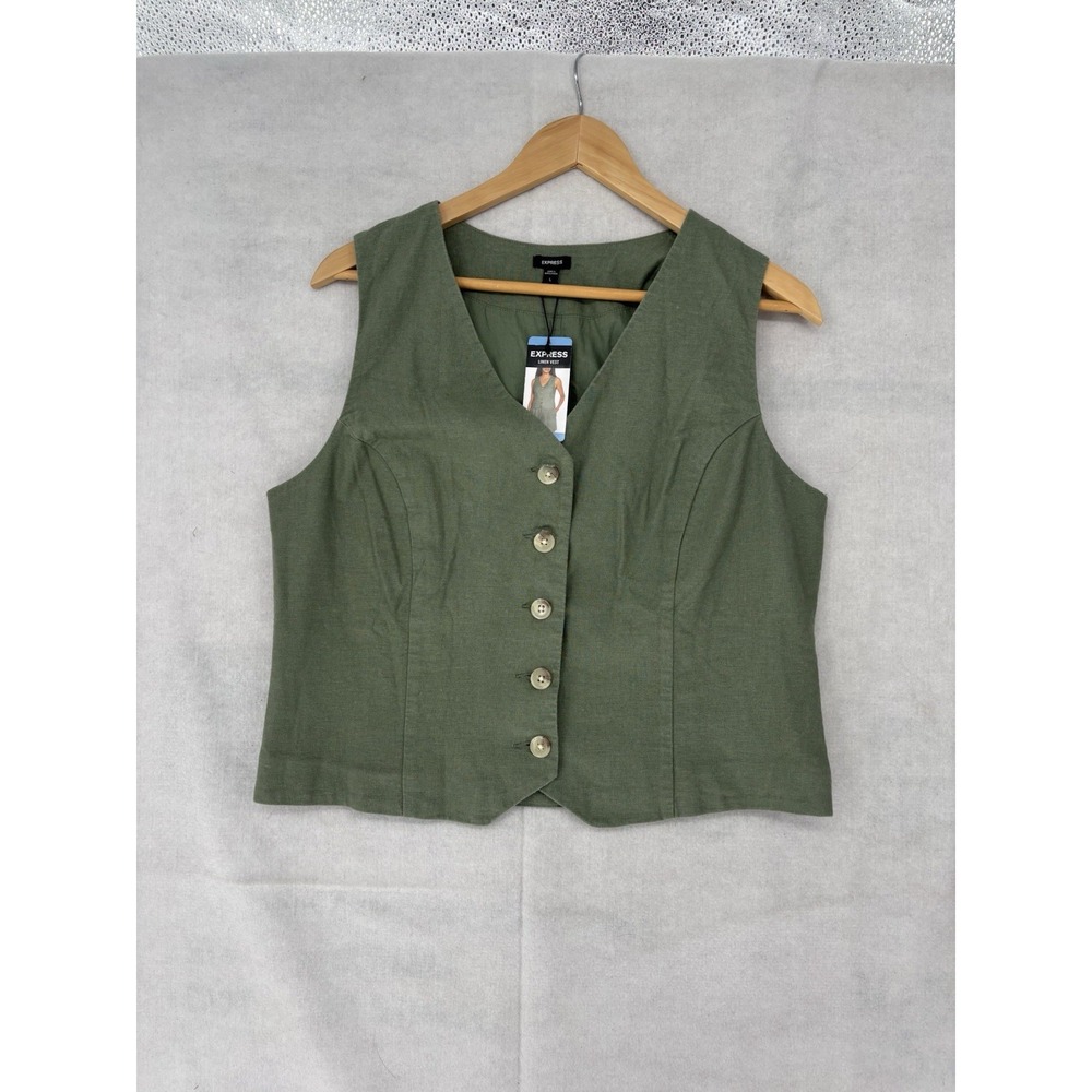 Express Women's Classic Fit V-Neck Button Up Linen Blend Vest Green Sz Large NWT